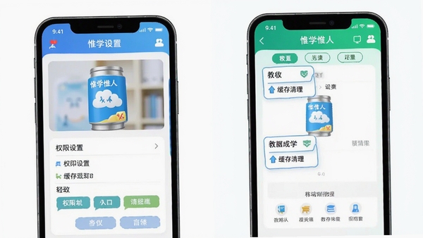 惟学惟人app移动端使用教程示意图,展示权限设置与缓存清理步骤,手机操作界面,教育软件风格