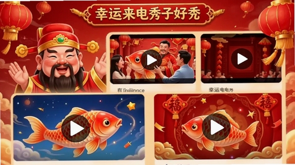 幸运来电秀好运专区界面截图,展示财神、锦鲤、红色喜庆主题的动态视频缩略图,画面喜庆祥和,带有幸运来电秀文字标识