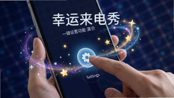 幸运来电秀一键设置功能演示图,手指轻触手机屏幕上的设置按钮,屏幕周围有魔法光效和星星闪烁,体现操作简便快捷,带有软件名称字样