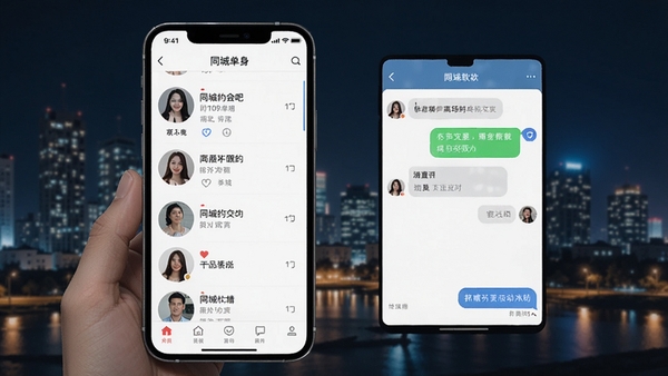 同城约会吧软件界面展示,手机屏幕中显示附近单身用户列表和聊天对话框,背景为城市夜景,风格清新明亮,突出同城社交主题