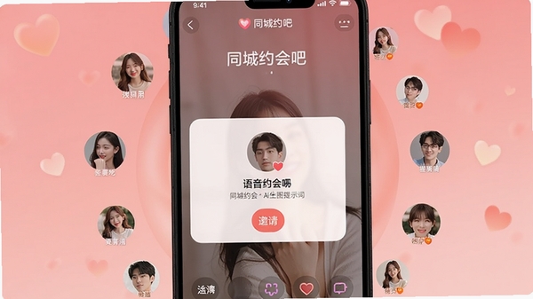 同城约会吧AI生图提示词,手机界面展示语音视频聊天邀请弹窗,附近用户头像环绕排列,温馨浪漫的粉色渐变背景,突出同城约会吧软件名称