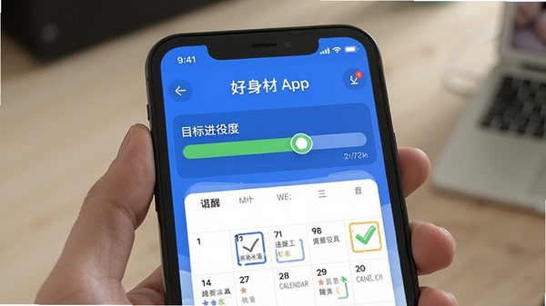 好身材App目标设定与提醒功能展示,手机界面显示目标进度条和日历打卡标记
