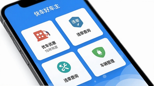 �쳵�ó���APP��ҳ����չʾ����ɫ���䱳�����ֻ���Ļ��ʾ�����Żݡ�Υ�²�ѯ������������ģ��ͼ�꣬�ִ���ƽ����Ʒ�񣬸���UIչʾͼ