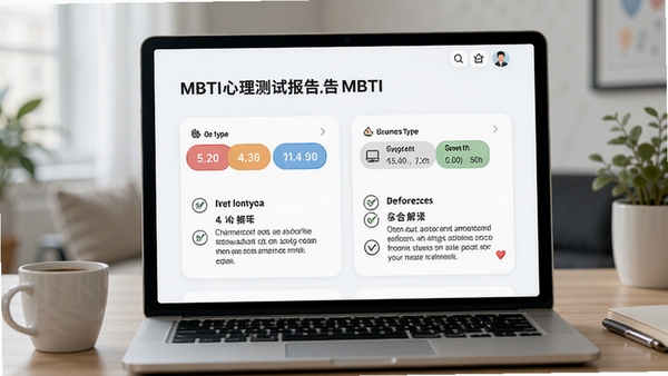 MBTI心理测试报告页面示意图,展示性格类型标签与详细解读文字,界面简洁易读
