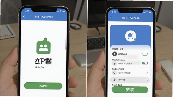 MBTI心理测试手机端安装步骤示意图,展示APK下载、权限设置、安装完成三个画面