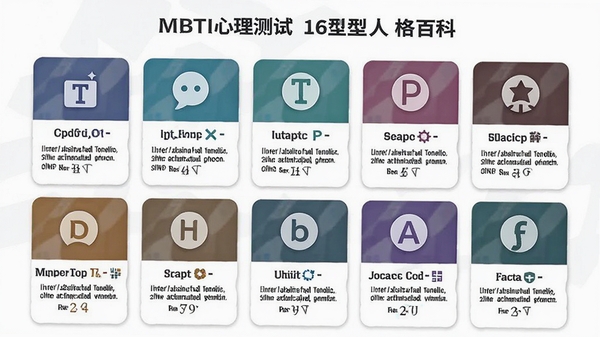 MBTI心理测试16型人格百科页面,展示不同类型图标与简介卡片