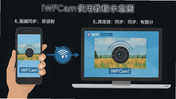 iWFCamʹ�ý̳�ʾ��ͼ���ֻ��͵���ͨ��WiFi���ӣ�����ͬ����ʾ�������ע����������ƽ�����