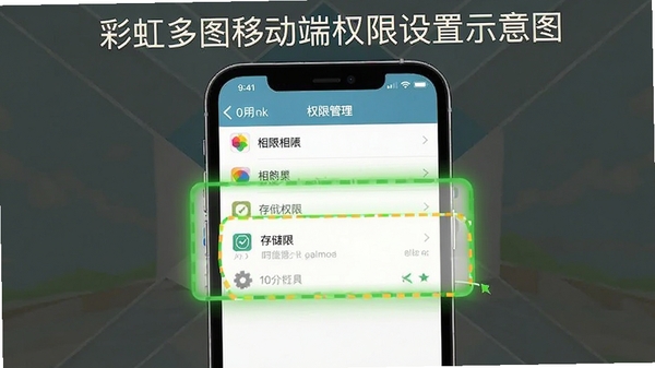 彩虹多图移动端权限设置示意图,手机屏幕显示应用权限管理界面,相册和存储权限被高亮标注为允许状态,画面清晰直观