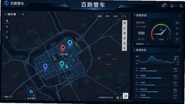 百跑管车软件主界面截图,展示车辆定位地图与数据仪表盘,界面清晰,科技感强