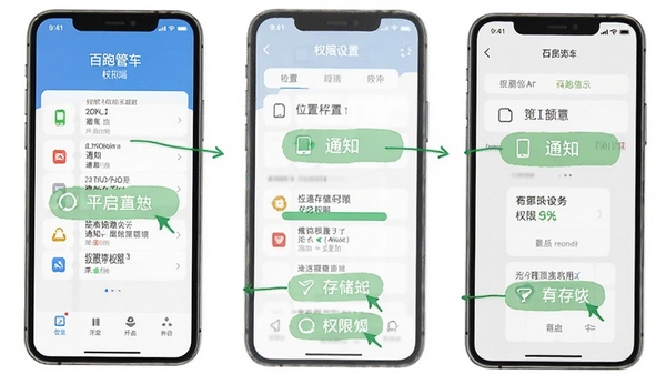百跑管车手机端权限设置示意图,标注位置信息、通知、存储等权限开启步骤
