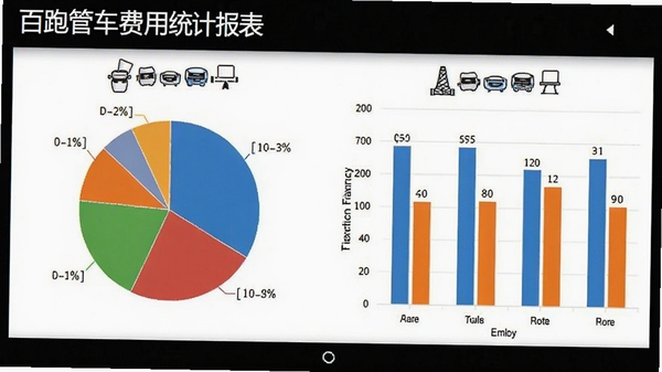 百跑管车费用统计报表截图,展示饼状图和柱状图,数据清晰,色彩分明