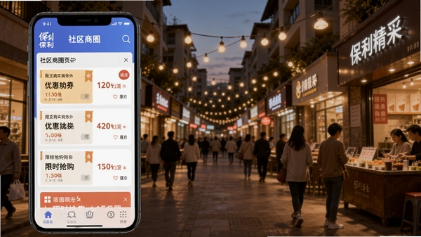 ��������APP������Ȧҳ�棬�ֻ���Ļչʾ�ܱ��̼��Ż�ȯ�б�����ʱ������飬����Ϊ����������ҵ�֣�ůɫ���ƹ⣬������ϢŨ��