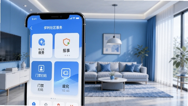��������APP������չʾͼ���ֻ���Ļ����ʾ�ǻ���������Ƭ��������ҵ�ɷѡ����±��ޡ��Ž�ɨ���ͼ�꣬����Ϊ�ִ���Լ�Ҿӻ�����������ɫ��������UI��Ʒ��