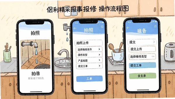 ��������APP���±��޲�������ͼ�⣬�ֻ���Ļ�ֲ�չʾ�����ϴ���ѡ��ά�����͡��ύ�����������棬����Ϊ��ͥ����ˮ��©ˮ����������ֻ���