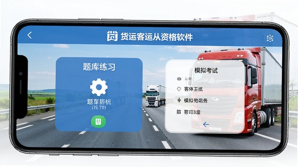 货运客运从业资格软件主界面展示,手机屏幕中呈现题库练习与模拟考试功能,背景为公路与货车元素,整体风格清爽专业,带有软件名称标识