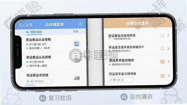货运客运从业资格软件错题本与收藏夹功能界面,手机屏幕展示错题列表和收藏题目,突出学习辅助与复习巩固功能,带有软件名称水印