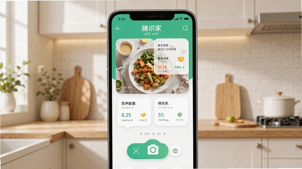 ��ʶ��APP������չʾ���ֻ���Ļ�г���ɫ�����µ���ʳʶ����棬��������ʶ��ť��Ӫ�����ݿ�Ƭ������Ϊ��ܰ�ĳ����������ִ���Լ���
