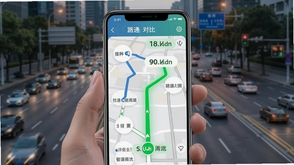 路说app智能路线推荐功能演示,手机界面显示多条路线对比,一条绿色畅通路线被高亮标记,城市道路背景