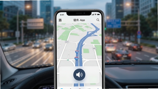 路说app实时路况语音播报界面展示,手机屏幕显示道路地图和语音播报图标,背景为城市道路场景,风格简洁现代