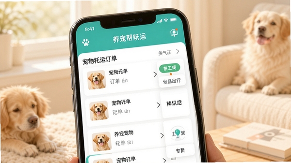 养宠帮宠物托运软件主界面展示,手机屏幕中显示宠物托运订单列表和实时地图跟踪功能,画面温馨明亮,突出宠物出行服务主题
