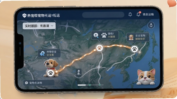 养宠帮宠物托运实时跟踪功能界面,展示地图上宠物运输路线和节点信息,科技感与温馨感结合,体现宠物安全运输