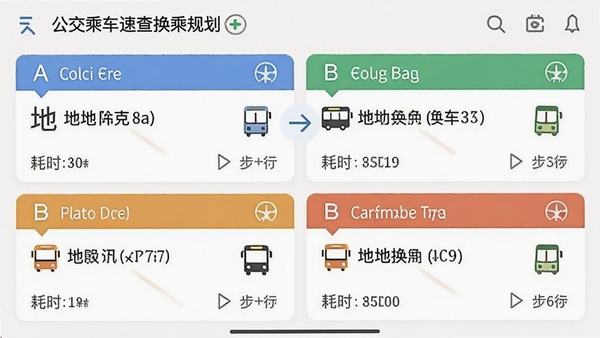 公交乘车速查换乘规划界面,显示从A地到B地的多条公交地铁换乘方案,每条方案标注耗时与步行距离