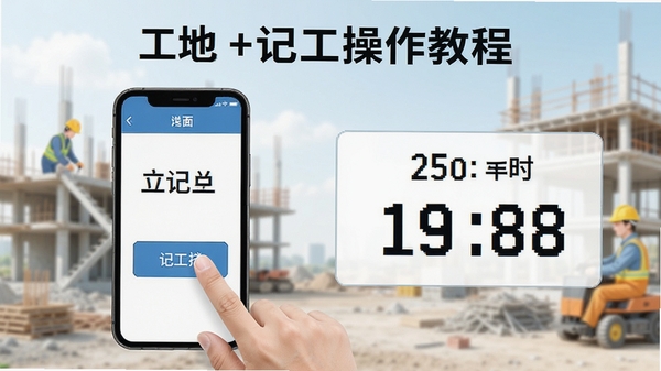 工地+记工操作教程示意图,手指点击手机屏幕上的记工按钮,旁边显示工时汇总数字,背景简洁明亮