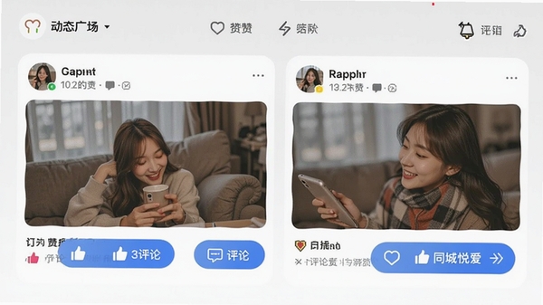 ͬ���ð�APP��̬�㳡ҳ�棬չʾ�û�������ͼ�Ķ�̬��Ƭ���������۰�ť��Ŀ�����岼����������