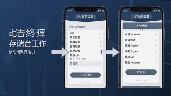 终吉律师工作台移动端操作指引图,展示权限设置与存储路径选择界面,带有箭头标注,风格简洁明了