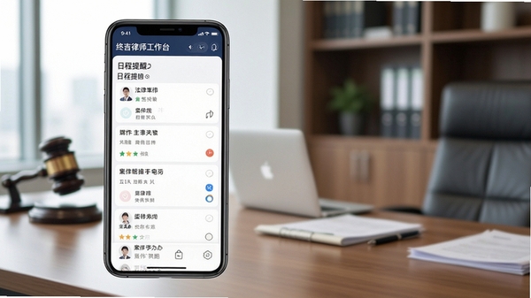 终吉律师工作台软件界面展示图,手机屏幕显示案件列表与日程提醒功能,背景为简洁商务风格,突出法律办公场景