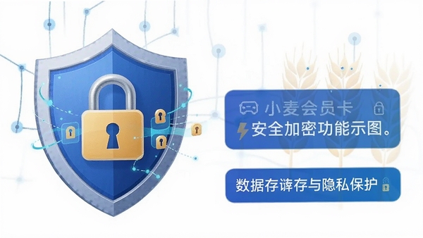 小麦会员卡安全加密功能示意图,盾牌图标与加密锁元素,强调数据本地存储与隐私保护