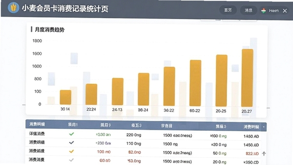 小麦会员卡消费记录统计页面,柱状图展示月度消费趋势,下方有详细消费明细列表