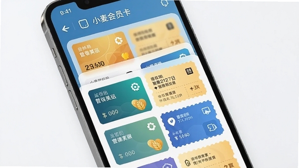 小麦会员卡手机应用界面展示,卡包中整齐排列着各类会员卡和优惠券,色彩清新,现代科技感