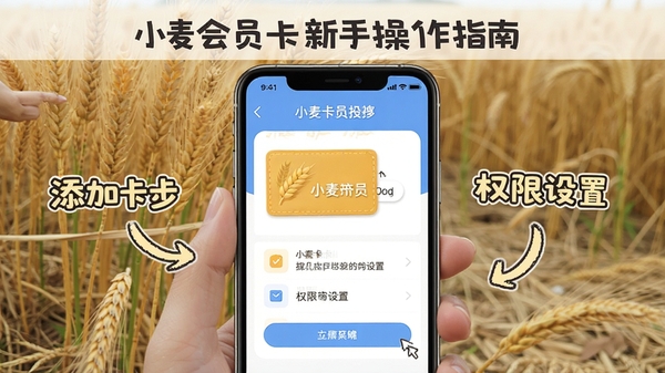 小麦会员卡新手操作指南示意图,手机屏幕展示添加卡片步骤与权限设置界面,配有文字说明