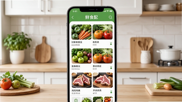 鲜食配应用界面展示,手机屏幕中呈现新鲜蔬果与肉类分类列表,背景为整洁的厨房环境,突出生鲜配送主题