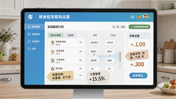 鲜食配周期购设置界面,展示每周自动配送计划与批量采购优惠标签,体现便捷管理