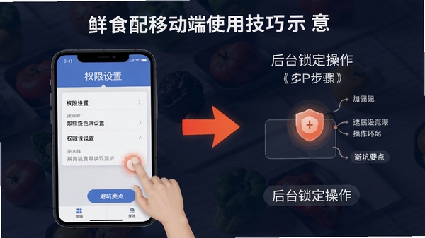 鲜食配移动端使用技巧示意图,展示权限设置界面与后台锁定操作步骤,突出避坑要点