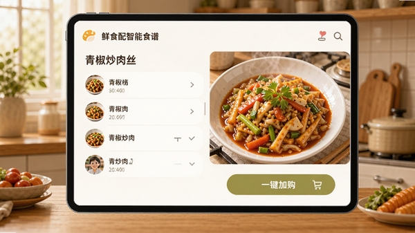 鲜食配智能食谱功能界面,展示一道青椒炒肉丝的食材清单与一键加购按钮,背景为温馨家庭厨房