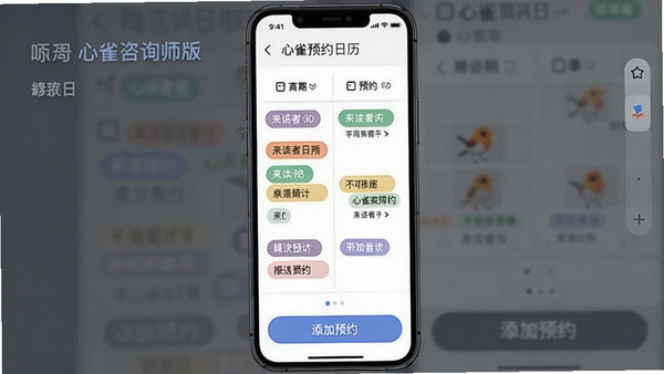 心雀咨询师版移动端预约日历界面,展示每周咨询排期,彩色标签区分不同来访者,底部有添加预约按钮
