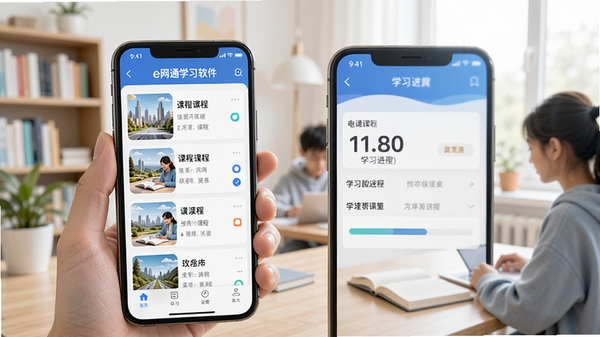 e网通学习软件界面展示,手机屏幕中显示课程列表与学习进度条,背景为明亮的学习场景,简洁现代风格
