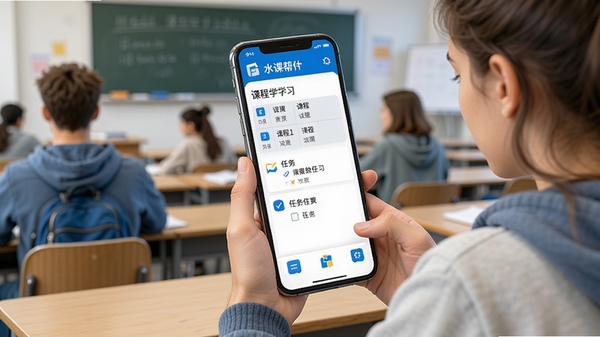 水课帮软件界面展示,手机屏幕中显示课程表与任务清单,清爽简洁的UI设计,蓝色与白色主色调,大学生在教室中使用手机查看学习安排,现代扁平化风格