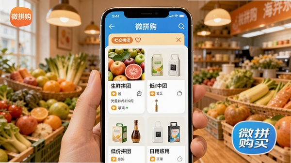 微拼购APP首页展示海量拼团商品,手机屏幕中呈现生鲜水果、日用百货等低价拼团界面,背景为温馨的购物场景,突出社交拼团购物氛围,整体风格明亮活泼,带有微拼购品牌标识