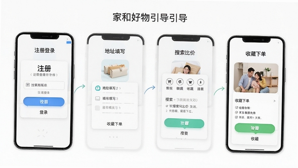 家和好物APP新手操作引导界面,手机屏幕展示注册登录、地址填写、搜索比价、收藏下单等步骤示意图,简洁清新风格