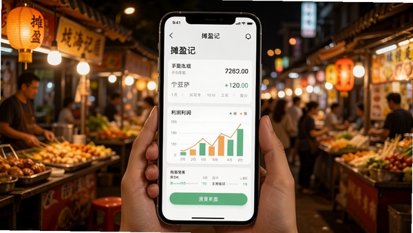 摊盈记APP主界面展示,手机屏幕中显示简洁的记账面板和利润图表,背景是热闹的夜市摊位,色彩温暖明亮,突出移动记账的便捷性