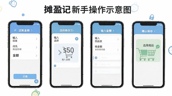 摊盈记新手操作示意图,手机屏幕展示记账步骤分解,包括点击加号、输入金额、选择商品、确认保存四个画面,风格简洁清晰,适合新手学习