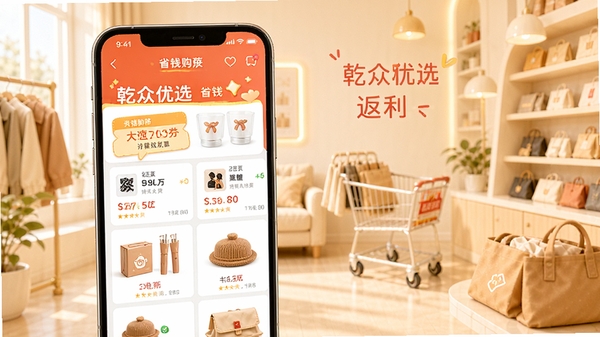 乾众优选APP首页展示购物优惠券与返利界面,手机屏幕中呈现各类商品优惠信息,背景为明亮温馨的购物场景,突出省钱购物主题