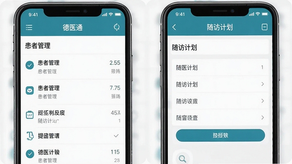 德医通医生移动端操作界面截图,展示患者管理列表和随访计划设置页面,界面清晰展示各项功能入口,手机屏幕内容锐利可读