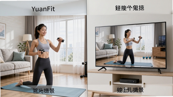 YuanFit���ֻ��͵���Ͷ���ϵ�ʹ�ó����Ա�ͼ��չʾ�Ӽҽ����ı���ԣ����������������͵��Ӵ�������