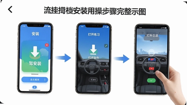 驾搭档软件在手机上安装使用的操作步骤示意图,展示从下载安装到打开练习的完整流程,画面清晰直观,适合新手用户参考
