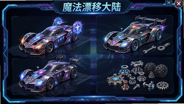 魔法漂移大陆赛车改装界面,展示多辆魔法赛车和改装零件,界面炫酷,软件名称魔法漂移大陆